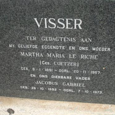 VISSER Jacobus Gabriel 1892-1973 &amp; Martha Maria Le Riche COETZER 1891-1967