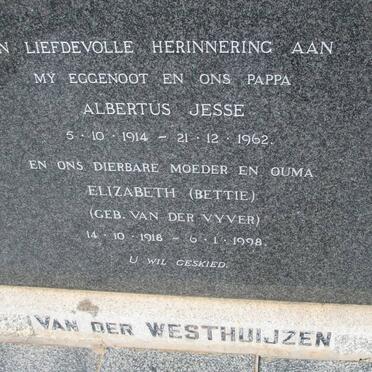 WESTHUIJZEN Albertus Jesse, van der 1914-1962 &amp; Elizabeth VAN DER VYVER 1918-1998