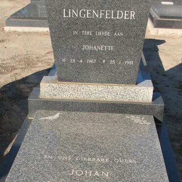 LINGENFELDER Johanette 1967-1981 :: LINGENFELDER Johan 1927-1981 :: LINGENFELDER Aletta nee DU TOIT 1933-1981