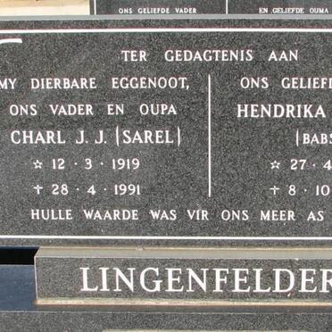 LINGENFELDER Charl J.J. 1919-1991 &amp; Hendrika Barbara 1925-1993