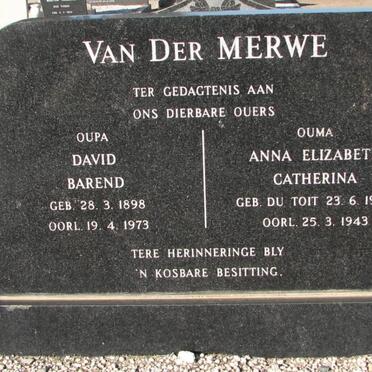 MERWE David Barend, van der 1898-1973 &amp; Anna Elizabeth Catharina du TOIT 1900-1943