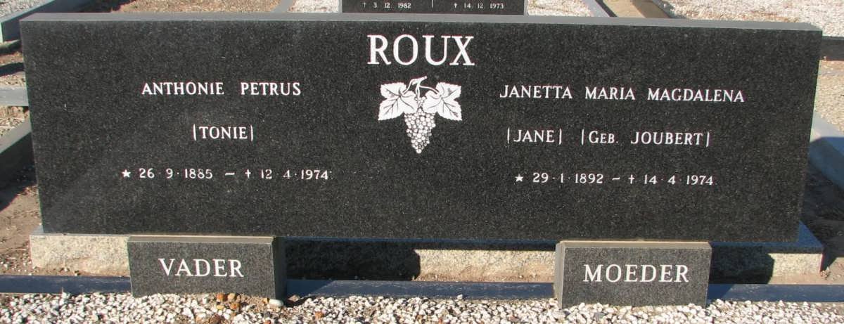 ROUX Anthonie Petrus 1885-1974 &amp; Janetta Maria Magdalena JOUBERT 1892-1974