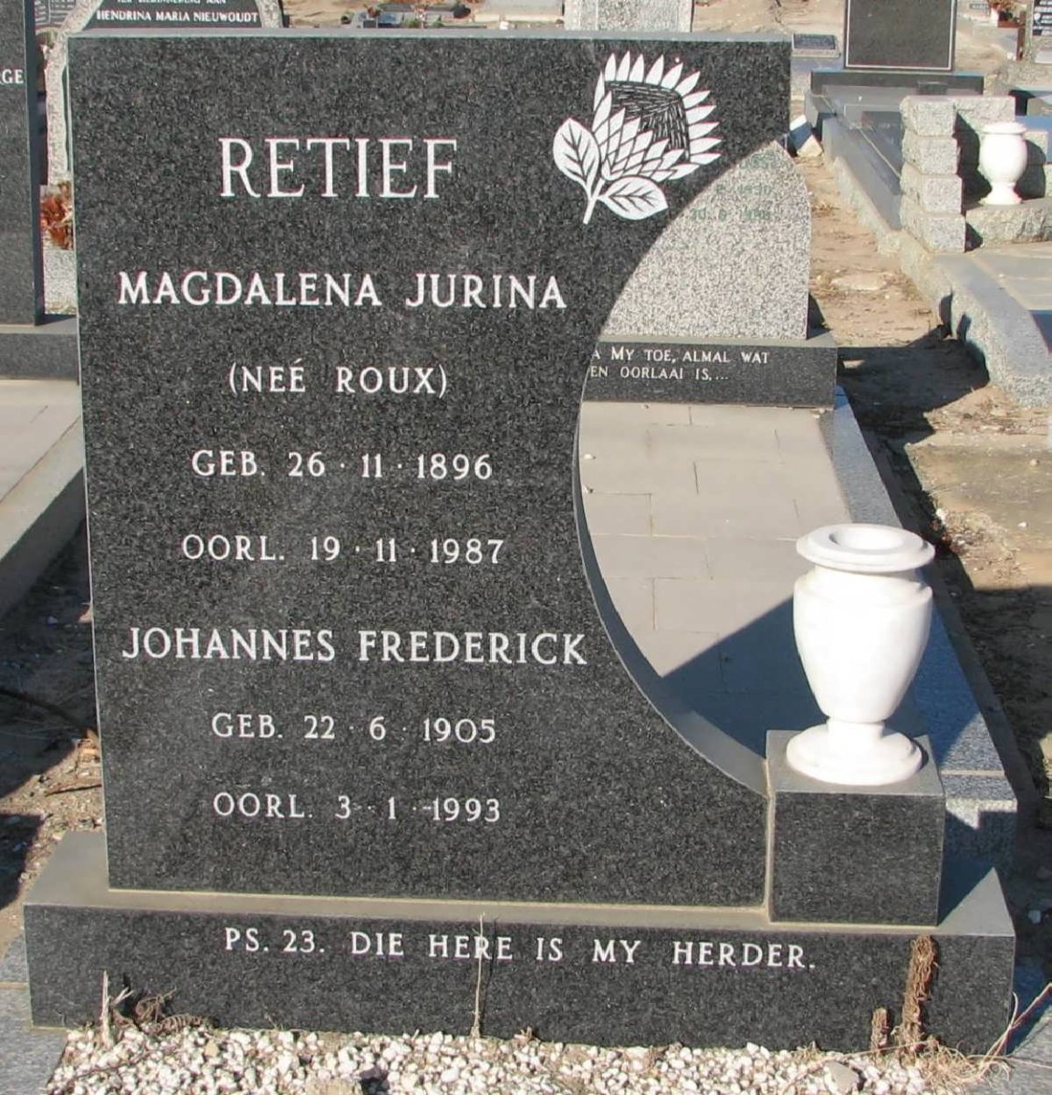 RETIEF Johannes Frederick 1905-1993 &amp; Magdalena Jurina ROUX 1987-1987