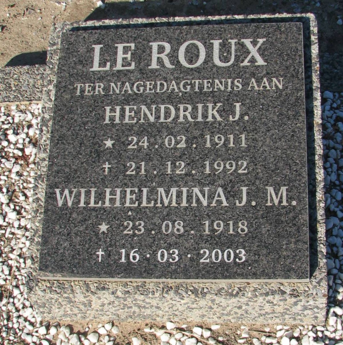 ROUX Hendrik J., le 1911-1992 &amp; Wilhelmina J.M. 1918-2003