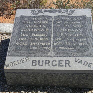 BURGER Adriaan Francois 1886-1967 &amp; Alberta Johanna H. DU PLESSIS 1889-1979