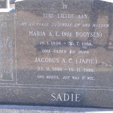 SADIE Jacobus A.C. 1898-1990 &amp; Maria A.E. BOOYSEN 1896-1964
