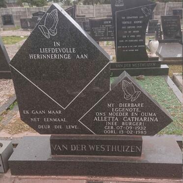 WESTHUIZEN Aletta Catharina, van der nee BURGER 1932-1985