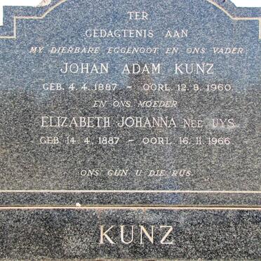 KUNZ Johan Adam  1887-1960 &amp; Elizabeth Johanna UYS 1887-1966