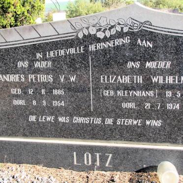 LOTZ Andries Petrus V.W. 1885-1954 &amp; Elizabeth Wilhelmina D. KLEYNHANS 1895-1974