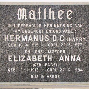 MATTHEE Hermanus D.C. 1915-1977 &amp; Elizabeth Anna PACE 1913-1984