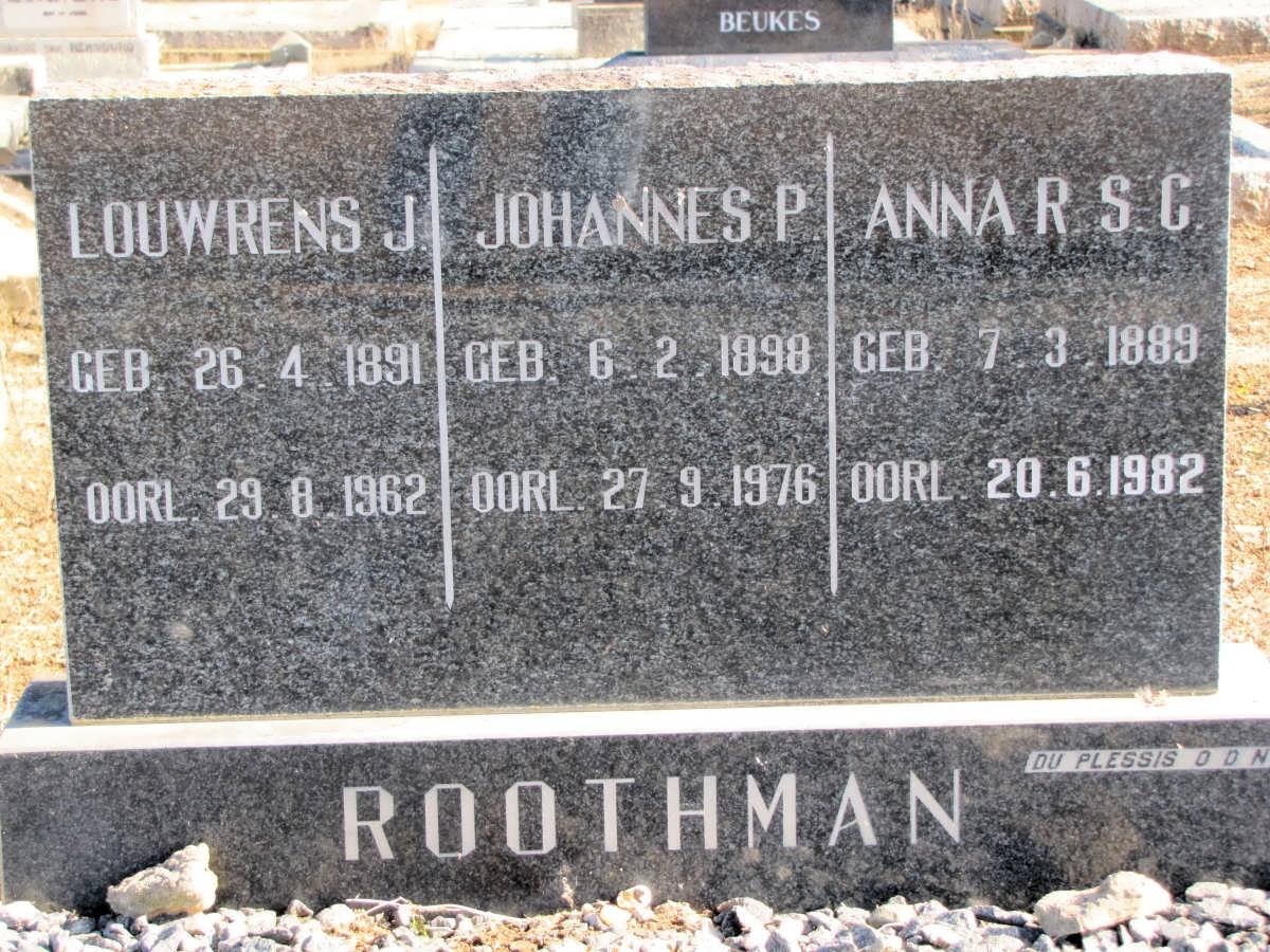 ROOTHMAN Louwrens J. 1891-1962 :: ROOTHMAN Johannes P. 1898-1976 :: ROOTHMAN Anna R.S.C. 1889-1982