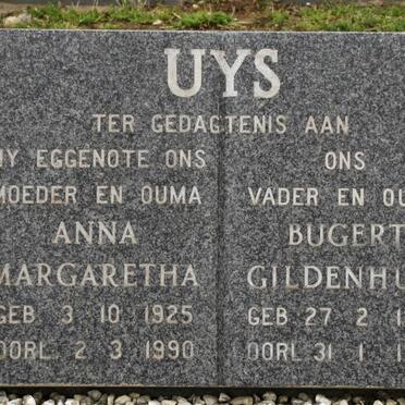 UYS BUGERT Gildenhuis 1927-1997 &amp; Anna Margaretha 1925-1990