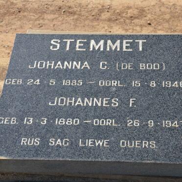 STEMMET Johannes F. 1880-1947 &amp; Johanna C. DE BOD 1885-1946