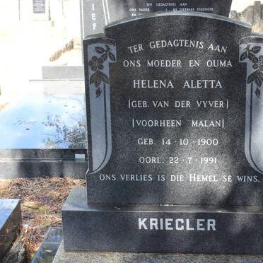 KRIEGLER Helena Aletta, formerly MALAN, nee V.D. VYVER 1900-1991
