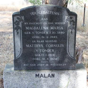 MALAN Magdalena Maria nee VAN TONDER 1890-1945 :: MALAN Matthys Cornelis van Tonder 1924-1924