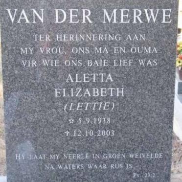 MERWE Aletta Elizabeth, van der 1938-2003