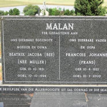 MALAN Francois Johannes 1922-2000 &amp; Beatrix Jacoba MULLER 1931-1994