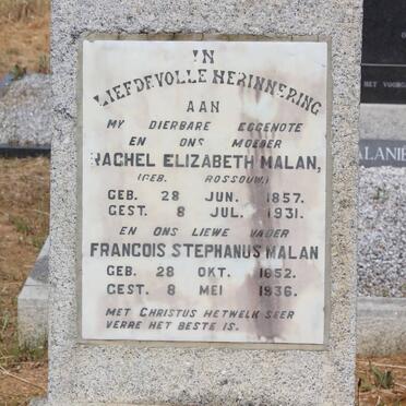 MALAN Francois Stephanus 1852-1936 &amp; Rachel Elizabeth ROSSOUW 1857-1931