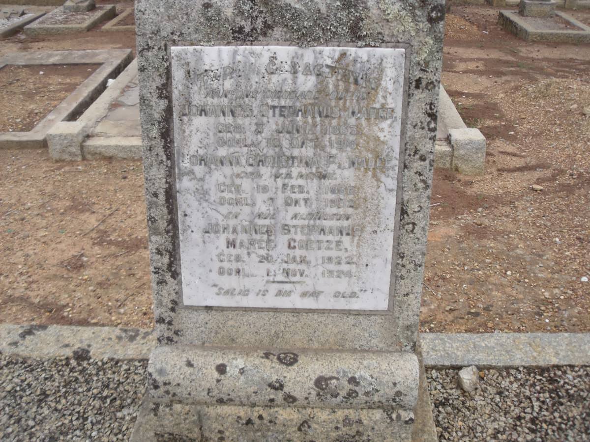 MAREE Johannes Stephanus 1863-1918 &amp; Johanna Christina F. V.D. MERWE :: COETZÉ Johannes Stephanus Maree 19212-1924