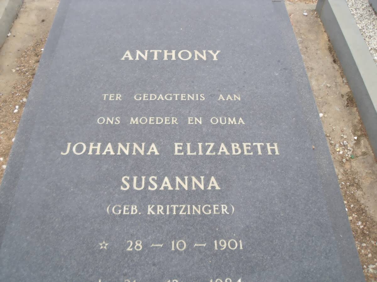 ANTHONY Johanna Elizabeth Susanna nee KRITZINGER 1901-19?4