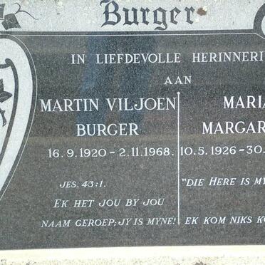 BURGER Martin Viljoen 1920-1968 &amp; Maria Margaretha 1926-2001