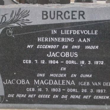 BURGER Jacobus 1904-1972 &amp; Jacoba Magdalena nee VAN DER MERWE 1903-1997