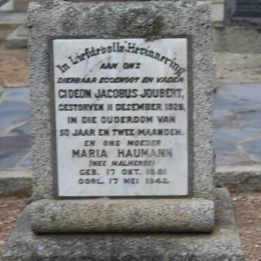 JOUBERT Gideon Jacobus -1929 &amp; Maria HAUMANN nee MALHERBE 1881-1942