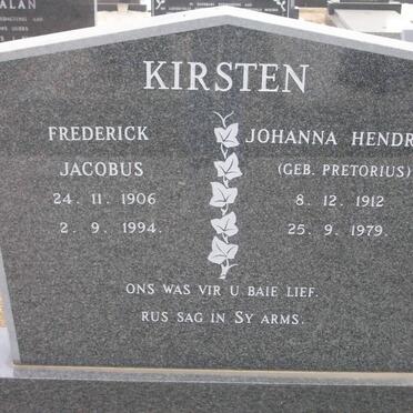 KIRSTEN Frederick Jacobus 1906-1994 &amp; Johanna Hendrina PRETORIUS 1912-1979