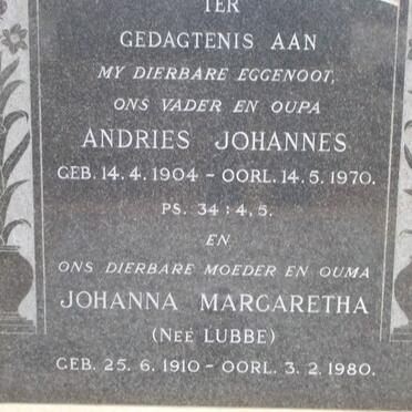LAUBSCHER Andries Johannes 1904-1970 &amp; Johanna Margaretha LUBBE 1910-1980