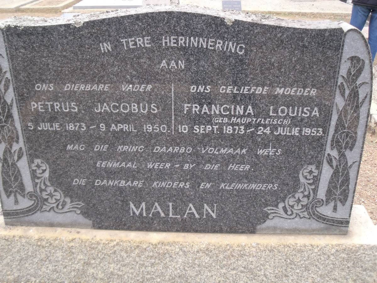 MALAN Petrus Jacobus 1873-1950 &amp; Francina Louisa HAUPTFLEISCH 1873-1953