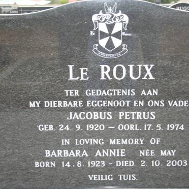 ROUX Jacobus Petrus, le 1920-1974 &amp; Barbara Annie MAY 1923-2003 