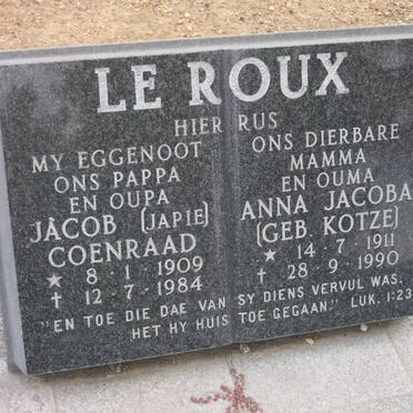 ROUX Jacob Coenraad, le 1909-1984 &amp; Anna Jacoba KOTZE 1911-1990