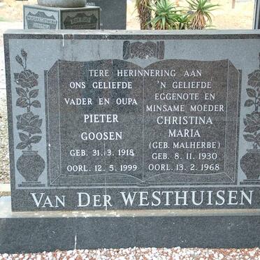 WESTHUISEN Pieter Goosen, van der 1918-1999 &amp; Christina Maria MALHERBE 1930-1968