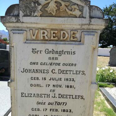 DEETLEFS Johannes C. 1833-1881 &amp; Elizabeth J. DU TOIT 1833-1909