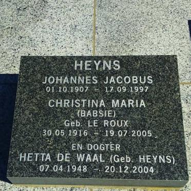 HEYNS Johannes Jacobus 1907-1977 &amp; Christina Maria LE ROUX 1916-2005 :: DE WAAL Hetta nee HEYNS 1948-2004