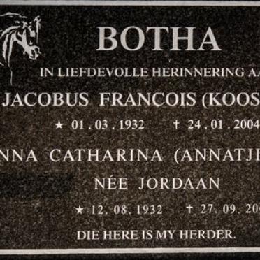 BOTHA Jacobus Francois 1932-2004 &amp; Anna Catharina JORDAAN 1932-2006