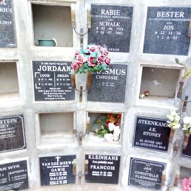 RABIE Schalk 1954-2002 :: BESTER Jos 1936-2002 :: JORDAAN Louis 1929-2016 &amp; Philna 1931-2020 :: ERASMUS Chrissie 1937-2006