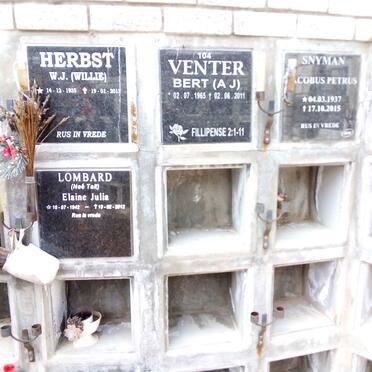 HERBST W.J. 1935-2013 :: VENTER A.J. 1965-2011 ::  SNYMAN Jacobus Petrus 1937-2015 :: LOMBARD Elaine Julia nee TAIT 1942-2012