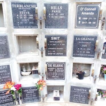 TERBLANCHE Steve 1930-2003 &amp; Joey 1935- :: HILLS Fanie 1953-2003 :: O'CONNELL Amanda 1949-2017