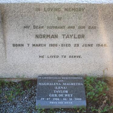 TAYLOR Norman 1906-1946 &amp; Magdalena Magretha DE WET 1906-2000