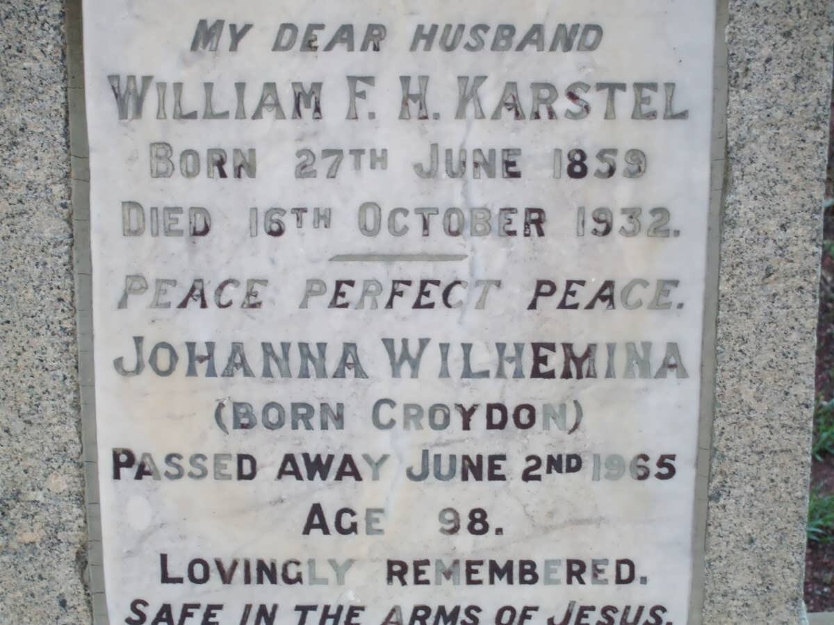 KARSTEL William F.H. 1859-1932 &amp; Johanna Wilhelmina CROYDON -1965