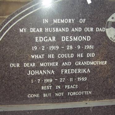 JAMES Edgar Desmond 1919-1981 &amp; Johanna Frederika 1919-1989