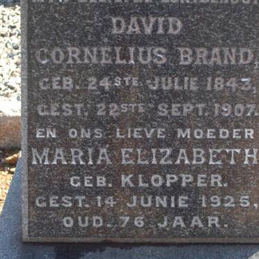BRAND David Cornelius 1843-1907 &amp; Maria Elizabeth KLOPPER -1925