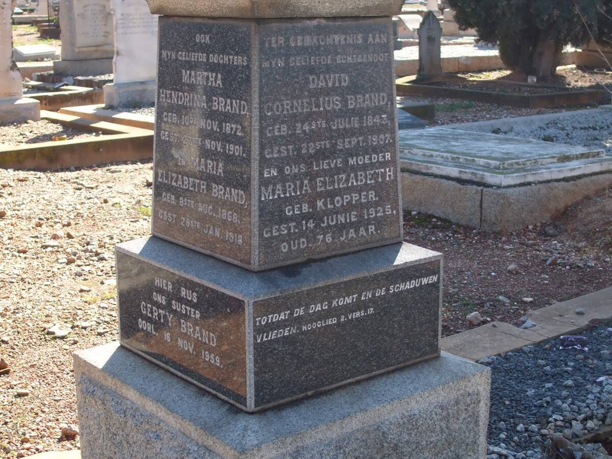 BRAND David Cornelius 1843-1907 &amp; Maria Elizabeth KLOPPER -1925