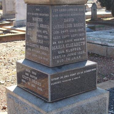 BRAND David Cornelius 1843-1907 &amp; Maria Elizabeth KLOPPER -1925