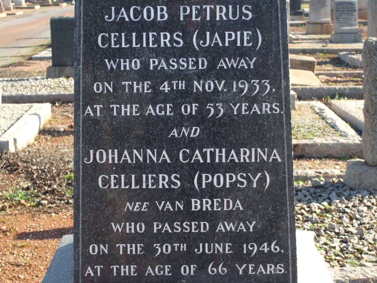 CELLIERS Jacob Petrus -1933 &amp; Johanna Catharina VAN BREDA -1946