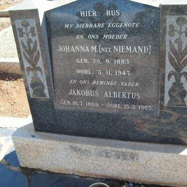 EEDEN Jakobus Albertus, van 1888-1965 &amp; Johanna M. NIEMAND 1883-1947