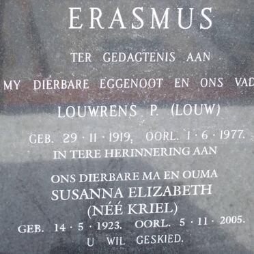 ERASMUS Louwrens P. 1919-1977 &amp; Susanna Elizabeth KRIEL 1923-2005