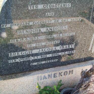 HANEKOM Hendrik Andries 1893-1951 &amp; Breggie Jacoba PRINS 1900-1980