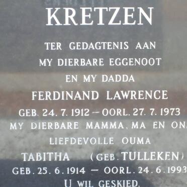 KRETZEN Ferdinand Lawrence 1912-1972 &amp; Tabitha TULLEKEN 1914-1993